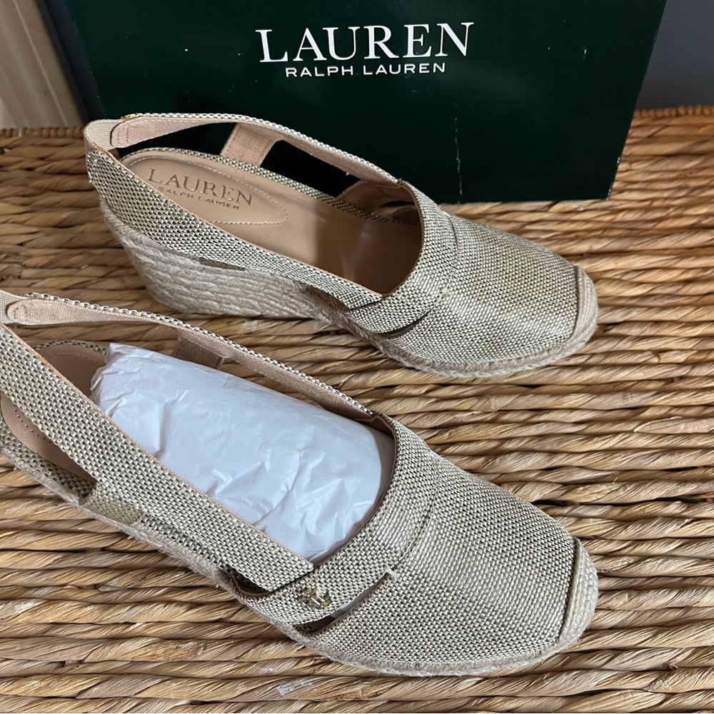 Lauren Ralph Lauren Penelope Women's Beige Shimmer Espadrille Wedges